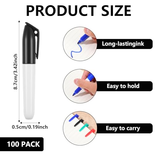 AojSup 100 Pcs Mini Dry Erase Markers 4 Color Set - Mini Whiteboard Markers with Clip Caps, Fine Tip Pens for Nurse Badge, Office, Home Supplies (Red/Green/Blue/Black) - Image 2
