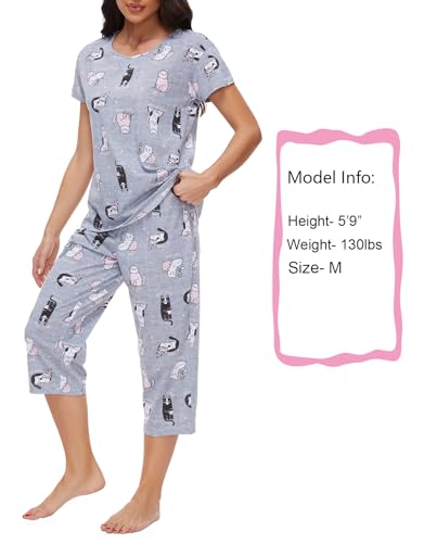 Image of CHUNG Women Cotton Pajama Sets Sleepwear pjs Short Sleeve Shirt Capri Length Crop Pants Cute Vivid Print