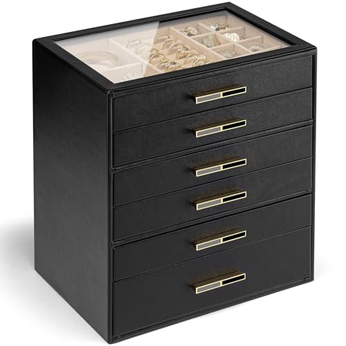 Vlando Jewellery Box for Women, Glass Lid Jewellery Organiser with 6 Drawers for Ring, Necklace, Earring, Bracelet,Gift for Women,Grey 6 Layer D.black