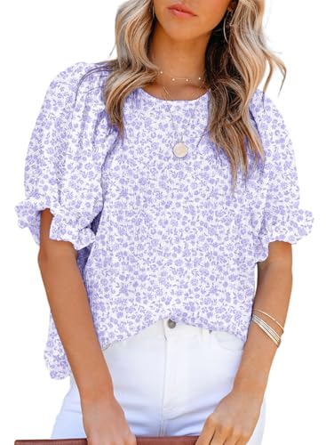 Dokotoo Womens Tops Cute Floral Print Round Neck Ruffle Smocked Puff Short Sleeve Shirts Flowy Babydoll Blouses 2025 Summer Chiffon Tunic Top for Teen Girls Purple L