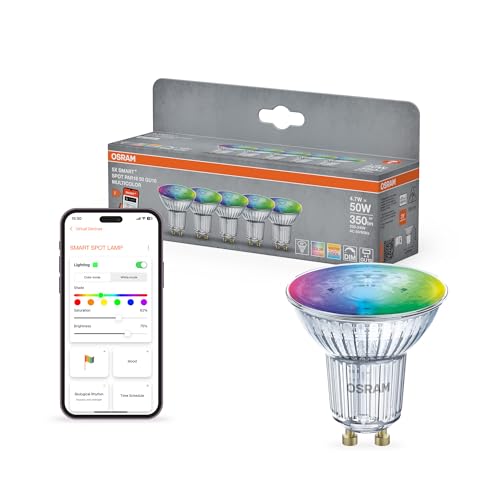 OSRAM SMART+ Faretto LED RGB PAR16 (confezione da 5, GU10, 5W) – RGB + luce bianca regolabile – Matter via Wi-Fi – Alexa, Google, Apple