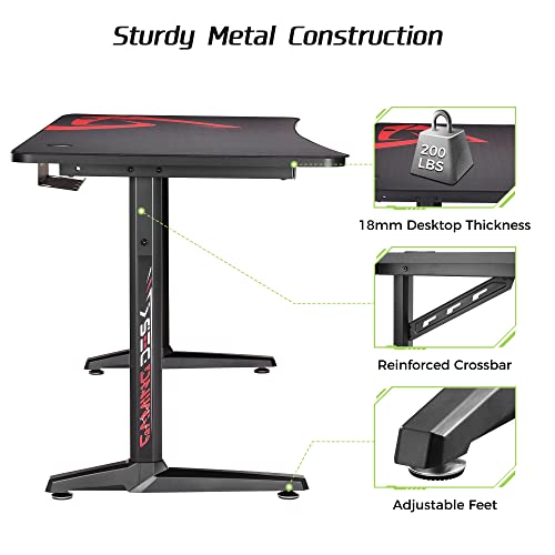 Eureka Ergonomic 60'' Gaming Desk, T-Shaped Carbon Fiber Surface Computer Desk With Free Mouse Pad,Large Pc Gamer Desk Gaming Table With Usb Handle Rack Cup Holder Headphone Hook,Black #TOP5