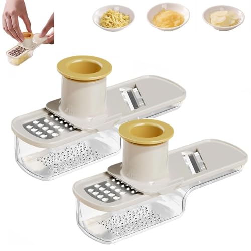 Molinillo de ajo multifuncional, mini cortador de ajo para rallar, rebanar y moler, cortador de verduras de jengibre 3 en 1 de mano con contenedor, utensilio de cocina fácil de usar (A, 2 piezas)