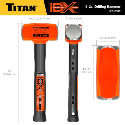 Image of Titan iDX 63614 4lb Drilling Hammer, Sledgehammer with 12 inch Indestructible Handle Reinforced with Steel Locking Plates & Steel Bars, Vulcanized Rubber Grip, Overstrike Protection
