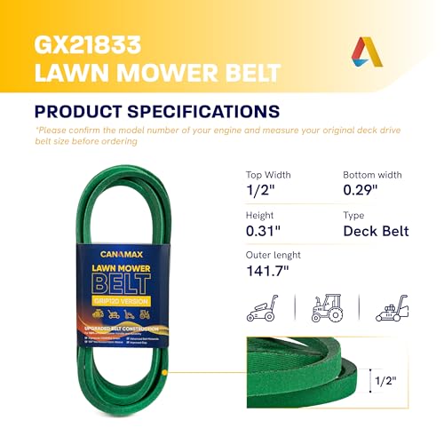 Image of [Upgraded Grip120] Canamax GX21833 Mower Deck Belt - Fits 48 Inch Deck J-Deere 145 D140 D150 D155 D160 L120 L130 LA130 LA140 LA145 LA155 LA165 Z200 Z255 Z300 Z355E GX20571 Aramid Cord 1 /2 inch x 141.7 inch