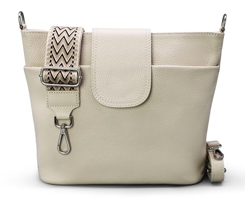 Brise Art Umhängetasche Damen Echtes Leder ELLIE Handgemachte Crossbody Bag mit Ledergurt + Optionalen Breiten Gemusterten Riemen 6 Fächer Wasserdichte Schultertasche Made in Italy (Beige - 2)
