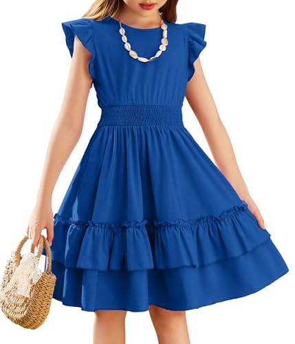 Image of Arshiner Girls Dresses Flutter Sleeve A-Line Sundress Casual Summer Tiered Swing Midi Pocket Dress