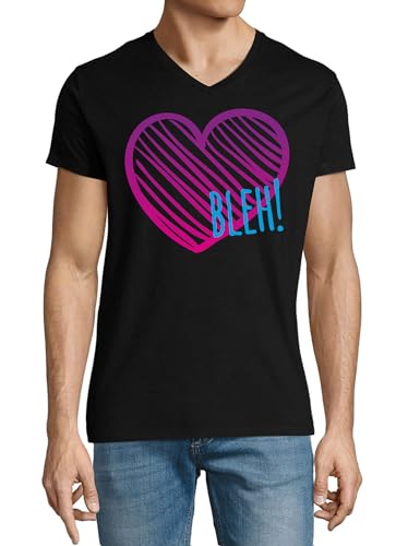 T-shirt col en V homme coton noir Hipster Pink Purple Heart Bleh! Slogan style décontracté