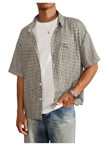 Men's Short Sleeve Plaid Shirts Collared Button Down Shirt Tops with Pockets Streetwear
