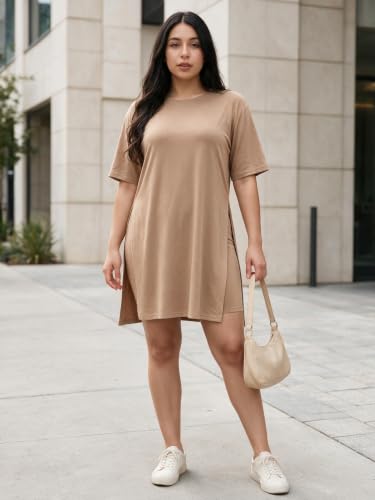 Image of AXOSY Women Plus Size 2 Piece Outfits Short Sleeve Tunic Tops and Skinny Biker Shorts Sets Tracksuits