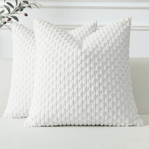 Sungeek Lot de 2 Housse de Coussin Blanc 45x45 cm en Velours Côtelé, Housse Coussins Rayures Bohèmes Doux Taies d'oreiller Décoratives pour Lit Canapé...