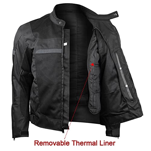 Mens Motorcycle Perforated Textile Reflective Mesh Riding 3 Season Jacket With Ce Armors (L, Black) #TOP1