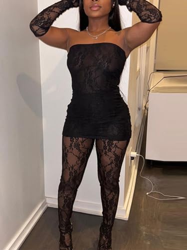Mojessy 2 Piece Outfits for Women Sexy Lace Tube Mini Dress Top with Stockings Legging Set Birthday Outfits4
