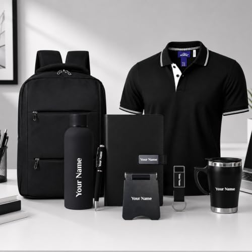 Image of Giftana 8 in 1 Backpack and Collar Tshirt with Personalized Diary & Pen, Keychain, Coffee Mug 400ml, Mobile Stand, Bottle 500ml Gift Set for Men, Employee Welcome Kit, Corporate Gift for Employees (S)