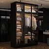 Hitow Wardrobe Cabinet with LED Lights Armoire Closet with Glass Doors Wooden Large Wardrobe with Hanging Rod 5 Tiers Shelf Modern Bedroom Armoire Clothes Organizer Black 472 W