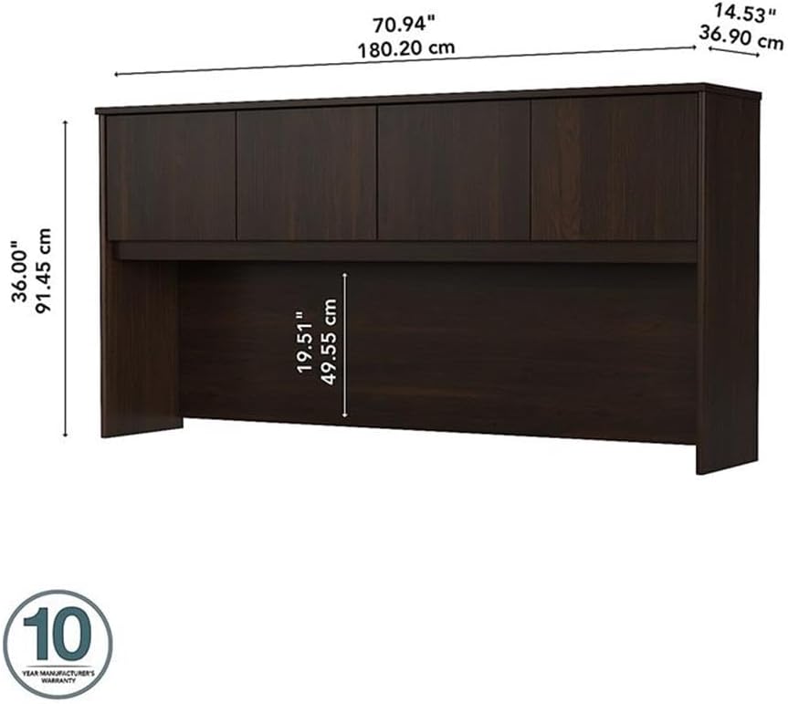 Pemberly Row 72W Desk Hutch, Black Walnut Finish, Engineered Wood, 4 Doors with Self-Closing Hinges, Fully Finished Back Panel, Cable Management, Office Storage for Credenza or Desk