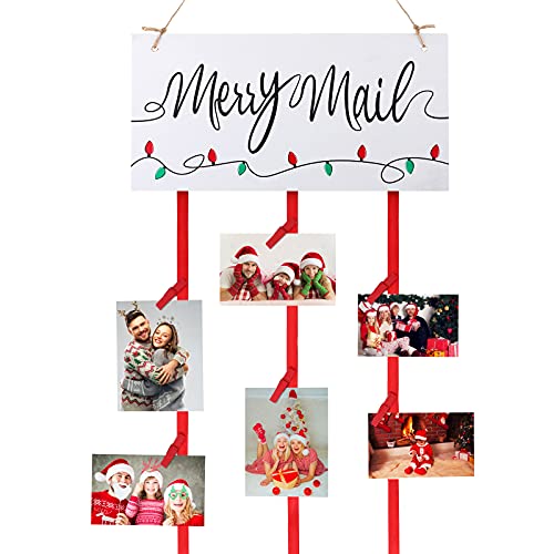 Marsui Christmas Card Holder Merry Mail Christmas Wooden Hanging Picture Holder Wall Hanging Card Display with 20 Red Wooden Clips for Party Home Wall Door Decor