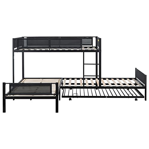 Metal Triple Bunk Beds With Trundle, L-Shaped Quad Bunk Bed Twin Over Twin For 4 Kids, Heavy Duty 4 Bunkbeds Frame For Teens Girls Boys Adults, Bedroom, Dorm, Black #TOP6