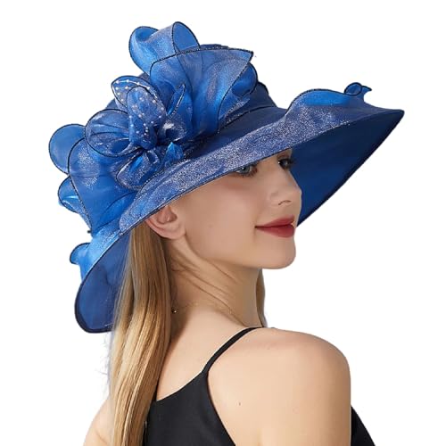 Holajoy Women's Organza Church Fascinator Tea Party Hats Sun Hat Wide Brim Wedding Bridal Mesh Floral Cocktail Beach Cap Fashion Cozy Las Vegas Protection Floppy Hat Navy One Size