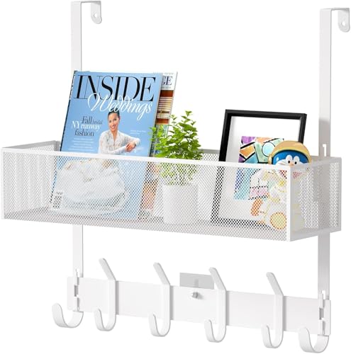 LUCYCAZ Over Door Hanger Hooks - Over Door Organizer, Door Hanger Towel Rack with Mesh Basket & Christmas Wreath Hanger, Behind Door Storage Coat Hooks for Bathroom, Bedroom, Kitchen (White)