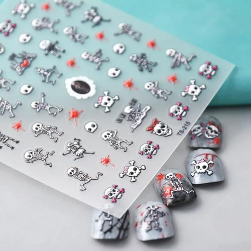 Halloween Skull Nail Art Stickers Decals 5D Embossed Skeleton Nail Decals Self-Adhesive Bloody Skull Heart Nail Art Supplies Horror Hand Bones Halloween Nail Stickers for Women Manicure Decoration