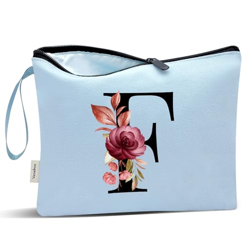 Image of Vavabox A-Z Personalized Makeup Bag, Birthday Gifts for Women Mom, Gifts for Best Friend, Bride Bridesmaid Cosmetic bag (F, Blue)