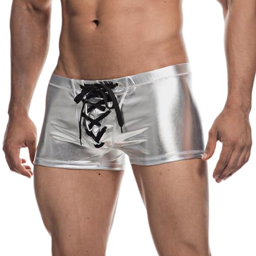 Licsaliwe Bañador para Hombre bañador Plateado con Cordones metálicos Brillantes Moderno y Sexy de poliéster Transpirable y de Secado rápido Ideal para Piscina Playa desfiles.