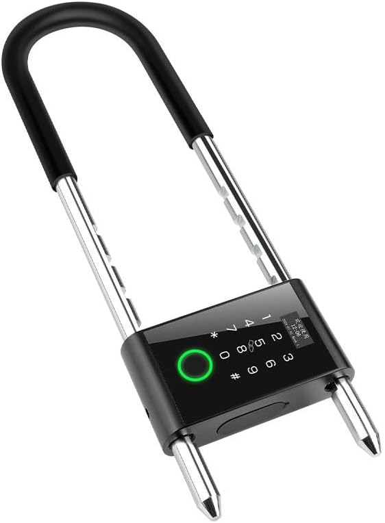 Long Shackle Smart Padlock, Bike U-Lock with Adjustable Shackle, Combination Lock with Fingerprint, Keypad Code, for Bicycle, Motorcycles, Storage Room, Glass Door, Fence, Gate, Waterproof