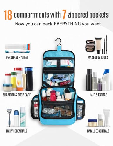 Image of VENTURE 4TH Hanging Travel Toiletry Bag 18 Compartments - Tiffany Blue | Hangs on rails, hooks or doors; stands upright. Removable TSA pouch. Water-resistant Nylon 290D Twill, reinforced stitching.