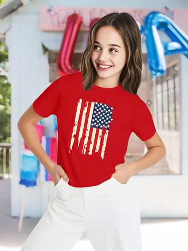 Image of VVNTY Girls American Flag Crop Tops Kids USA Crop Shirt Patriotic 4th of July Tops 5-14 Years