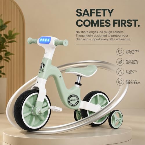 Image of Stardust 3-in-1 Kids Tricycle, Bicycle & Balance Bike for 2-5 Years Boys & Girls | Convertible Toddler Cycle with LED Light, Music & Foldable Training Wheels | Ride-On Toy (Green)