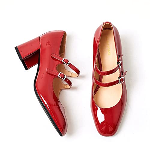 Women's Stylish Closed Round Toe Patent Leather Doubled Monk-Strap Vintage Low Chunky Heel Dress Mary Jane Pumps Shoes4