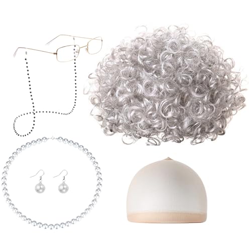 Costume Vieille Dame 5 Pièces – Perruque Grise + Bonnet + Lunettes + Collier Perles + Chaîne – Pour Halloween, Cosplay, Carnaval