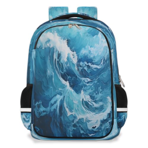 Abstract Waves Bookbag Backpack for Women Men Sea Casual Daypack with Compartment & Multiple Pockets Book Bags Travel Bag Laptop Backpacks