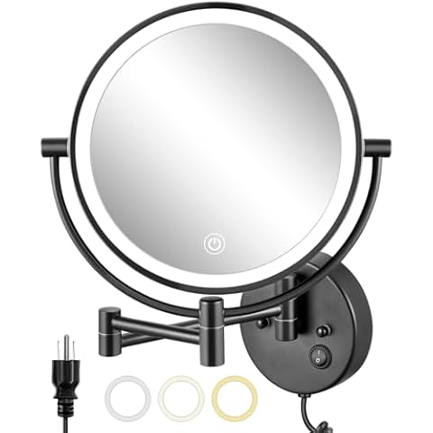 ALHAKIN 9 Inch Wall Mounted Makeup Mirror, 1X/10X Magnifying Mirror with Light, Dimmable Makeup Mirror with 3 Color Lights, Double Sided Lighted Makeup Mirror with Magnification, Black Cover