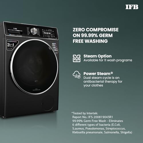 Image of IFB 11 /7 /3 kg Fully Automatic Washer Dryer Refresher with Steam Refresh, AI DOS, 100% Dry Clothes, 9 Swirl Wash Mimic Handwashing, WiFi & Eco Inverter Motor (WDR Executive Plus ZBG, Black)