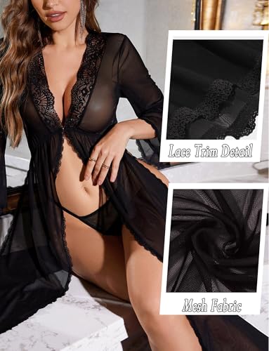 [Maeau] レディース ネグリジェ セクシー ベビードール 2点セット レース ロング スリット 透け感 人気 Vネック Tバック付き 下着 ナイトウェア シースルー 大人 - 画像5