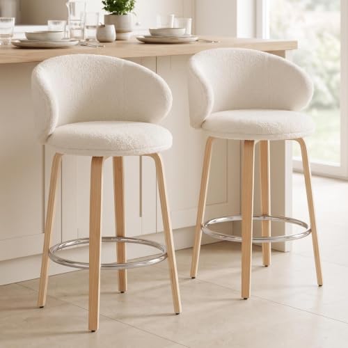 LukeAlon Butacos de Bar de 26 pulgadas, Set de 2 unidades, Color Blanco | Tapizados en Sherpa, Altura para Isla de Cocina, Soporte Lumbar y Patas de Madera, Estilo Mid-Century Moderno