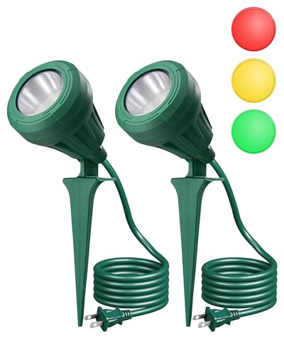 EDISHINE LED Outdoor Spotlights, 120V 5.5W Plug in Spot Light with 3 Lenses (Red Green Yellow), 180° Rotatable, 5000K, Waterproof Landscape Lighting for Flag Tree Garden, 2 Pack