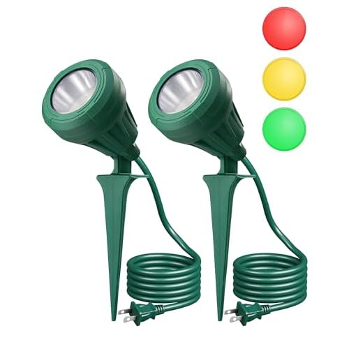 EDISHINE LED Outdoor Spotlights, 120V 5.5W Plug in Spot Light with 3 Lenses (Red Green Yellow), 180° Rotatable, 5000K, Waterproof Landscape Lighting for Flag Tree Garden, 2 Pack Green 2Pack
