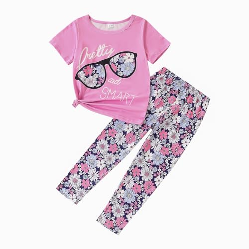 Image of 4-7T Kids Toddler Girls Print Outfits Short sleeved Flower Printed Top+Flower Print Pants Set