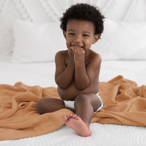 Image of Amazing Baby Cellular Blanket, Premium Cotton Knit, Ultra Soft, Breathable, Cozy Gift for Baby Boys and Girls, Favorite Toddler Blanket, 44 x 44 inches (112 x 112 cm), Butterum