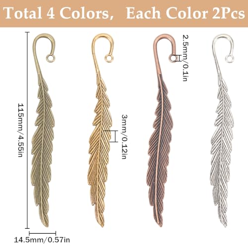 SUNNYCLUE 8Pcs Silver Feather Bookmarks Hook Bookmark Bulk Alloy Leaf Tibetan Style Gold Bronze Metal Book Mark with Loop Vintage Retro Bookmark Findings for Crafts Book Reading Teacher Student Gift - Image 2