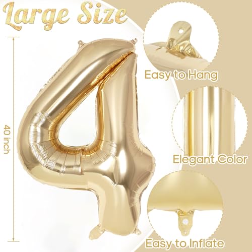 Image of Champagne Gold Large Number 4 Balloon, 40 Inch Light Gold Foil Helium Number Balloons, Giant Mylar Number 4 Balloons for 4 Years Old Birthday Party Anniversary Decorations