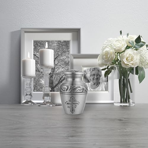 Image of Trupoint Memorials Cremation Urns for Human Ashes, Funeral Memorial Urn for Male and Female, Decorative Burial Metal Urn Collection for Adult Men & Women - Silver Cross, 1 Keepsake