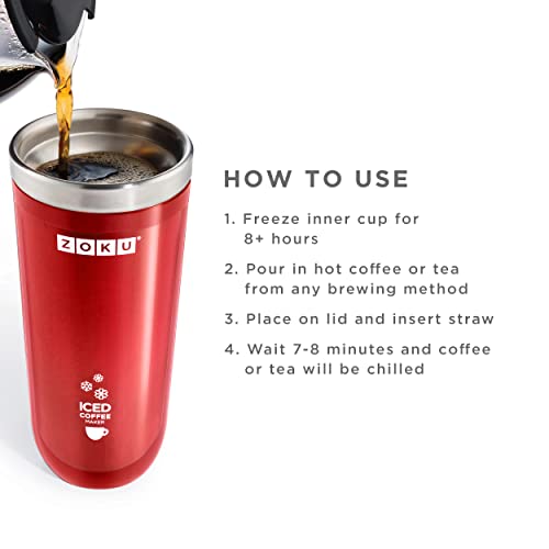 Zoku Instant Iced Coffee Maker, Reusable Beverage Chiller Cools Hot Beverages in Minutes Without Dilution, Portable 11-ounce Tumbler With Spill-resistant Lid and Straw, Red - Thumbnail 4