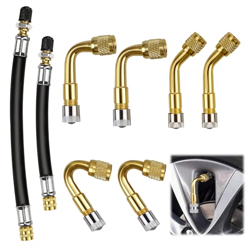 JFTNAKY 8 Pièces Rallonge Extension Valve Pneu, Extension Valve Pneu Coudées 45° 90° 135° et 2 Tubes Flexibles Laiton Caoutchouc, Adaptateur Valve pour...