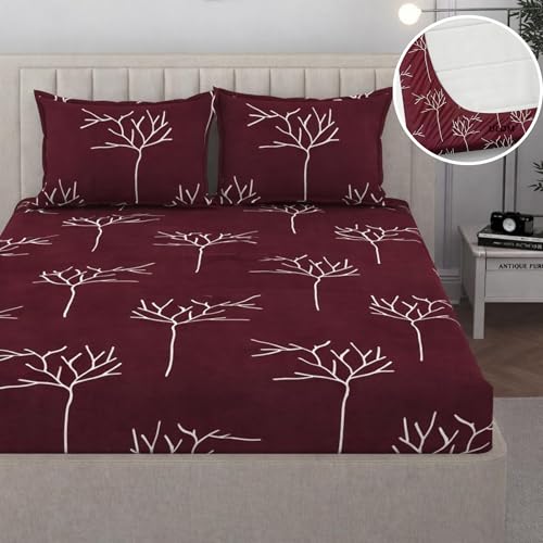 Image of 350 TC Premium Heavy Cotton Feel Elastic Fitted Bedsheet Queen Size with 2 Pillow Covers || Double Bed with All Around Elastic (Maroon Tree, Fitted -60x78 Queen)