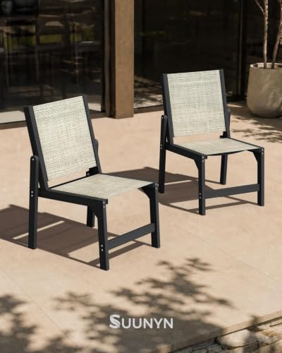 Image of Patio Stackable Chair, HDPE Armless Outdoor Dining Chairs with Wide Seat, All-Weather Textilene Oversized Porch Chair for Garden, Poolside, Backyard, Deck | Black