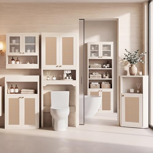 OMCMUU 5-Piece Bathroom Storage Bundle, Modern Freestanding Organizer with Anti-Tip Devices and Adjustable Shelf for Bathroom, Kitchen, Living Room, White